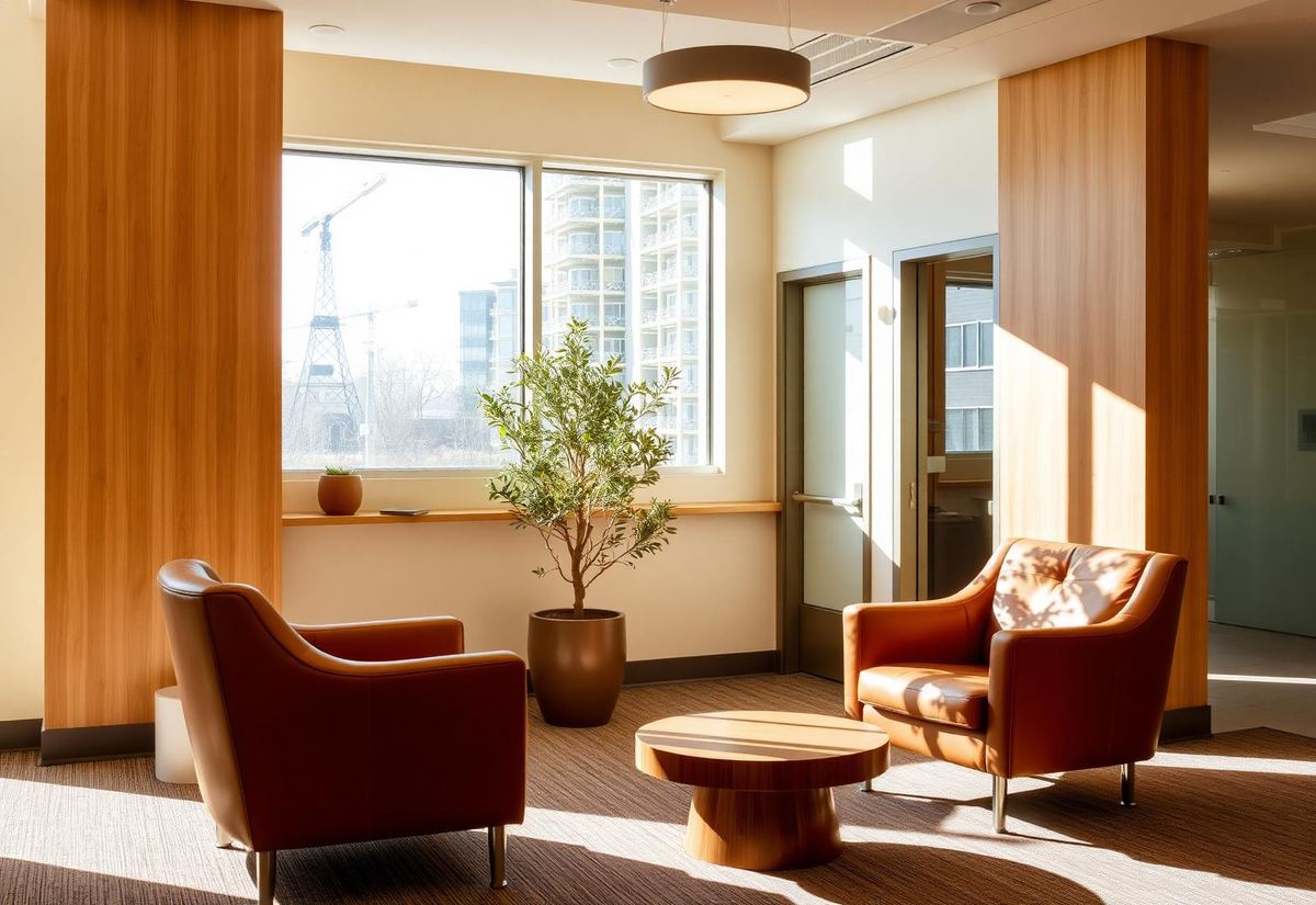 Royce Recovery lobby with warm wood paneling and comfortable seating