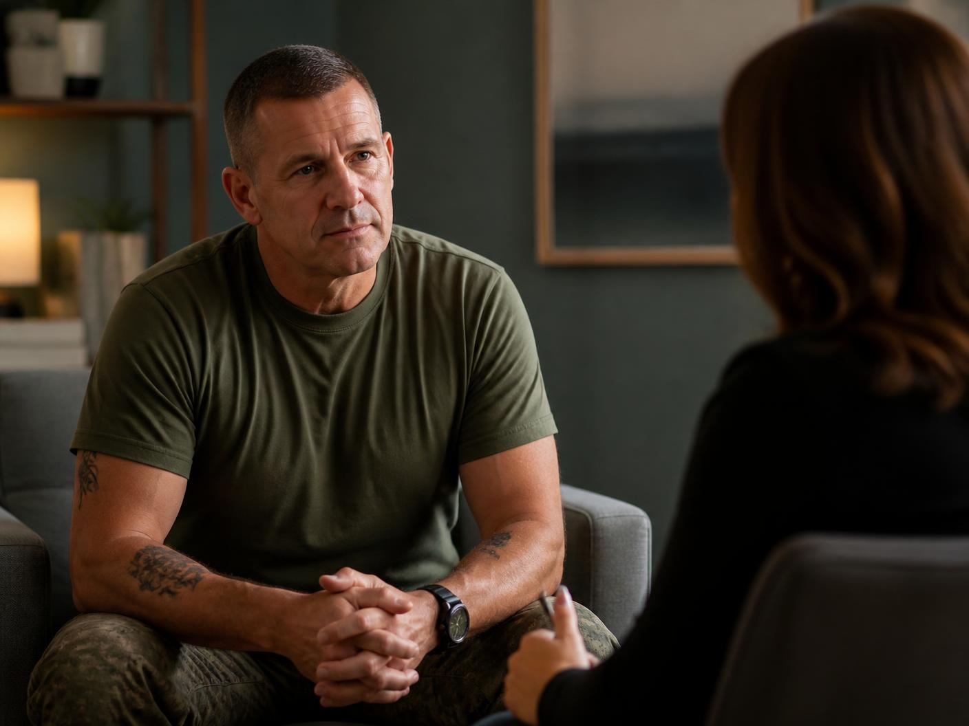 A military veteran in a one on one trauma focused therapy session at Royce Recovery